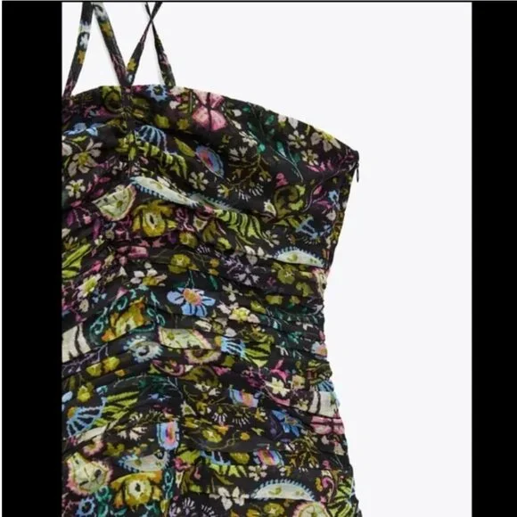 Zara Ruched Floral Tie Up Bodycon Mini Dress Size M NEW WITH TAG! - Picture 5 of 7